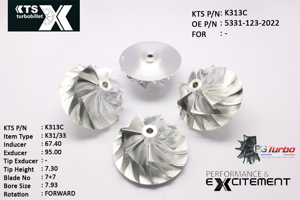 Turbo ROUE FORGÉE MFS PERFORMANCE - 7+7 PALES - INDUCER : 67,4 - EXDUCER : 95 - TYPE : K31/33ANGLE : 45° - ROTATION : Forward - SUPER BACK : 6 - BORE SIZE : 7,93
